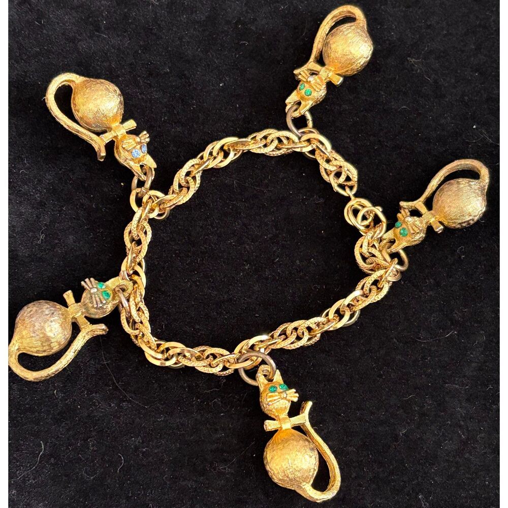Rare Vintage Sara Coventry Gold Tone Cat Charm Bracelet/Statement Bracelet